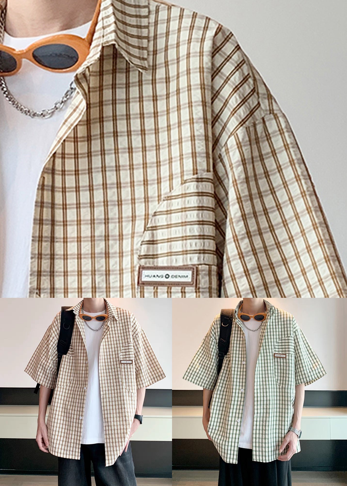Green Plaid Cotton Shirt Peter Pan Collar Summer