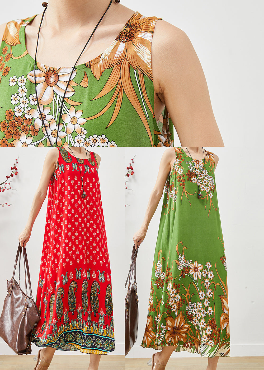 Green Print Cotton a Line Dresses Oversized Sleeveless