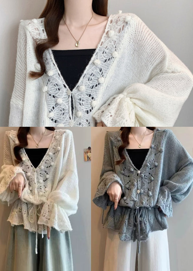 Grey Hollow Out Knit Cardigans Oversized Fall