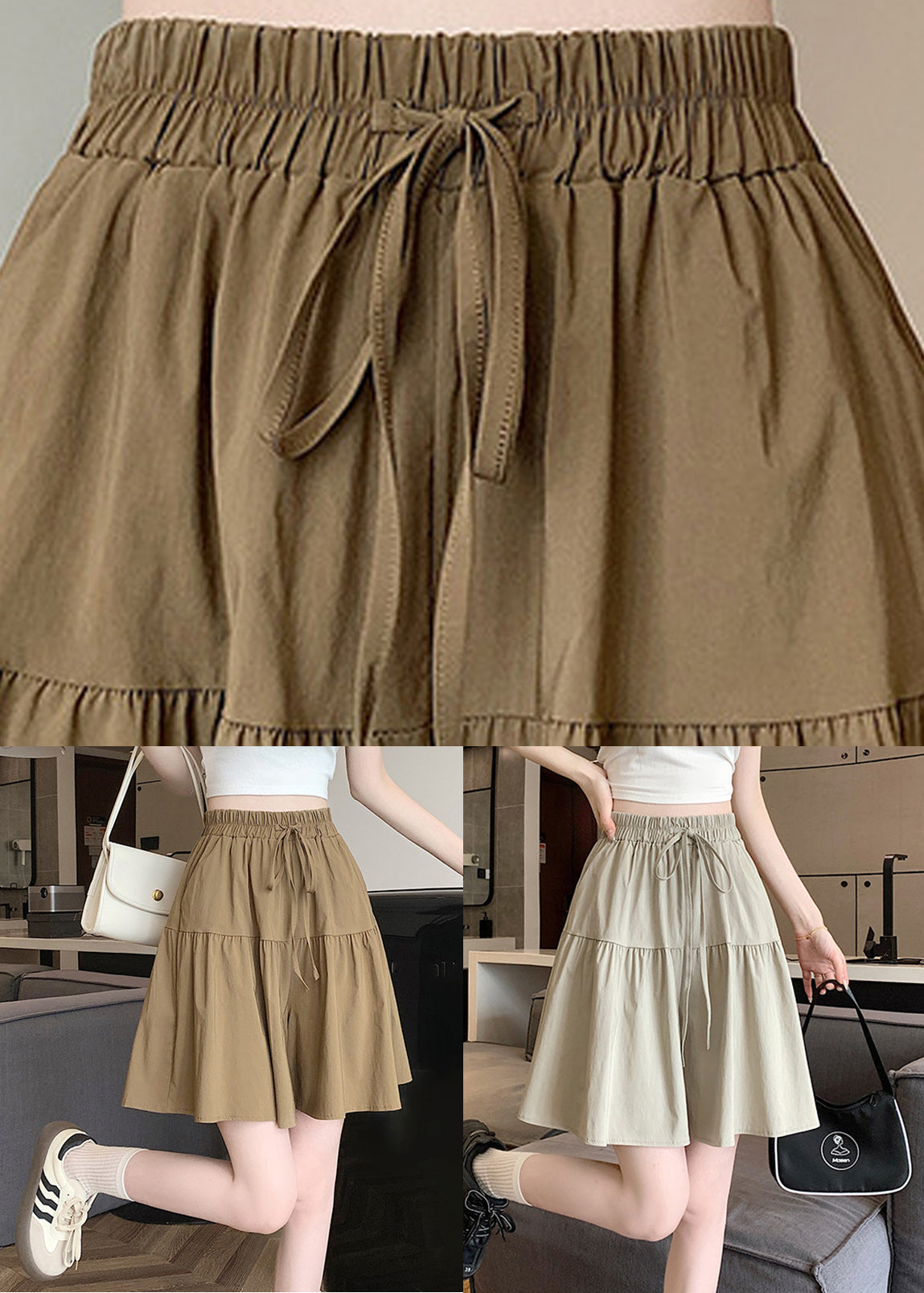 Grey Lace Up Cotton Pants Skirt Elastic Waist