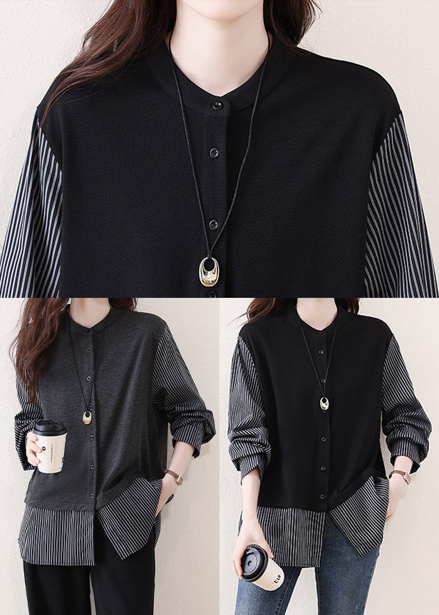 Grey Patchwork Cotton Shirts Oversized Striped Fall