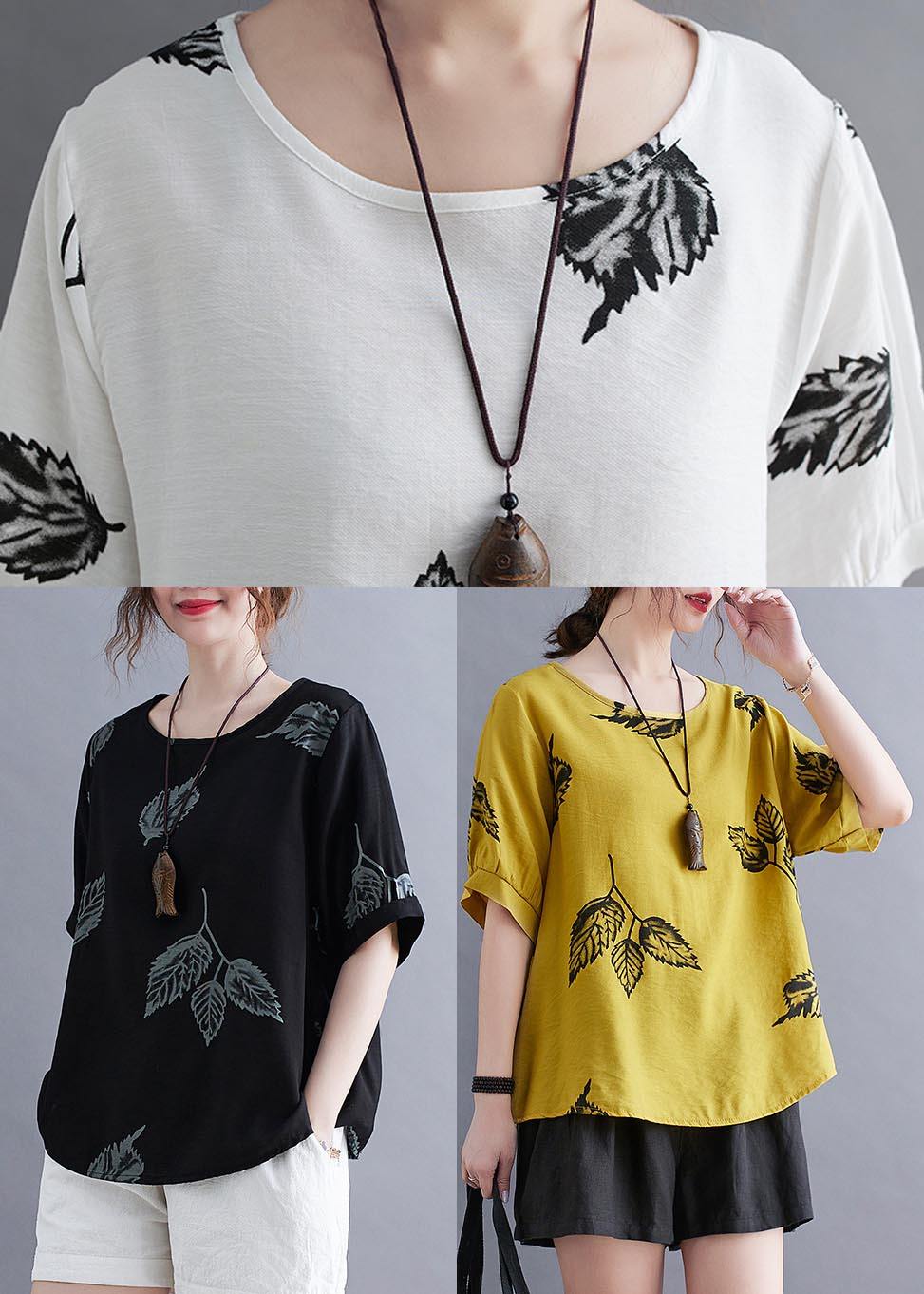 Handmade Black O-neck Loose Summer Cotton Linen Top