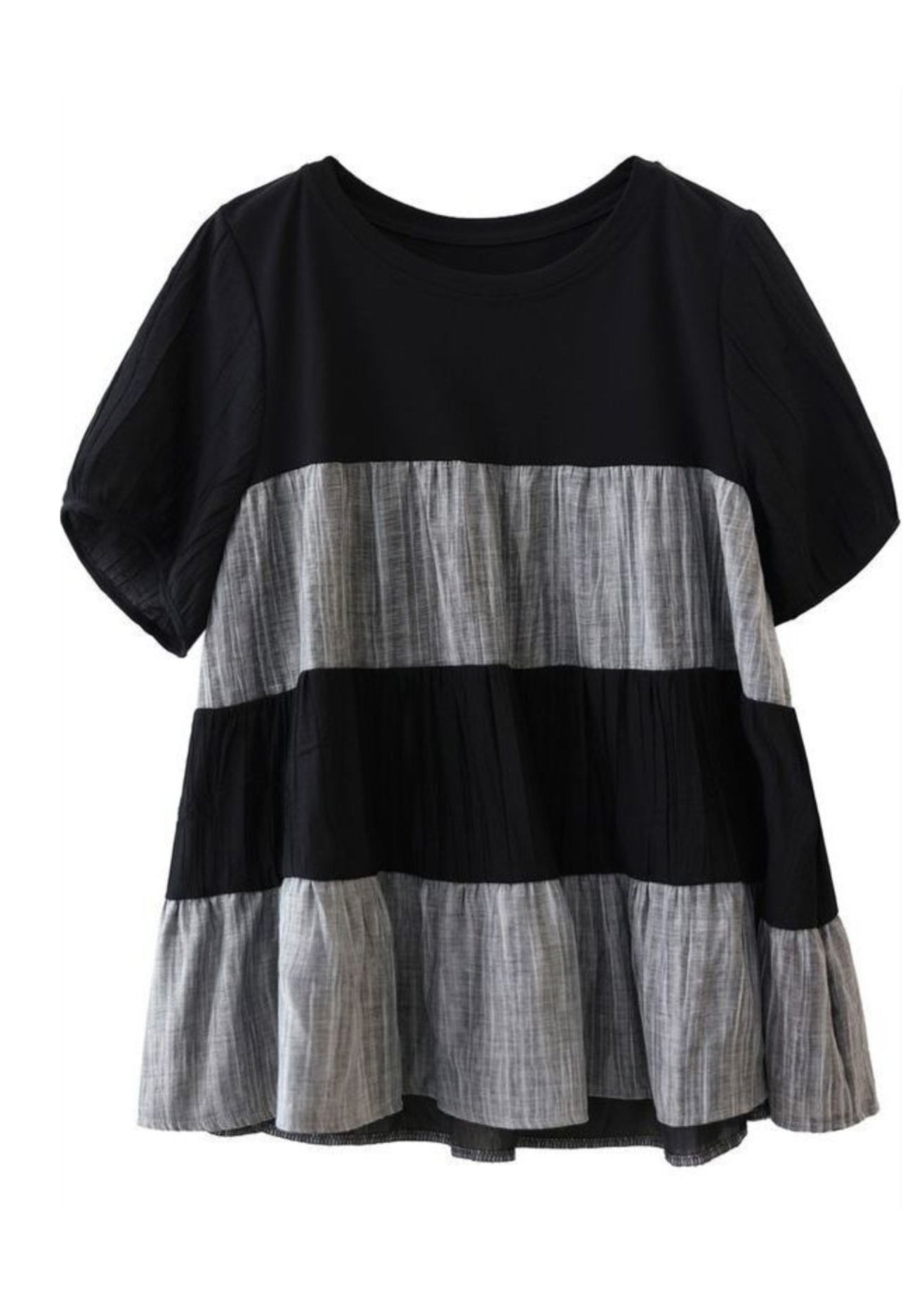 Handmade Black O-neck Wrinkled Patchwork Top Short Sleeve