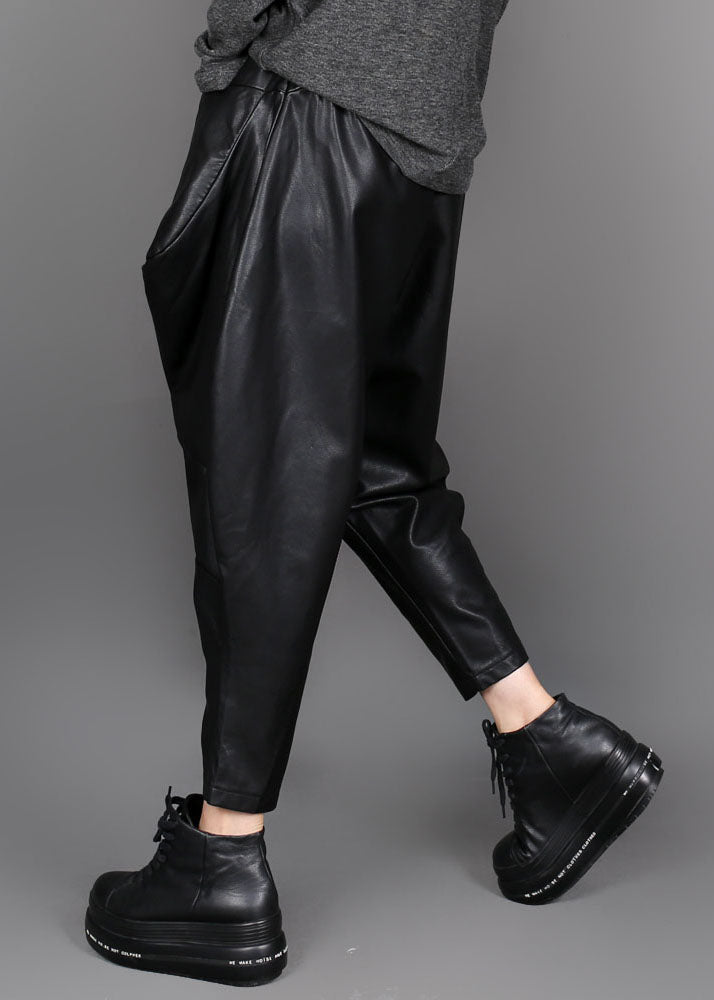 Handmade Black Patchwork Faux Leather Pants Winter
