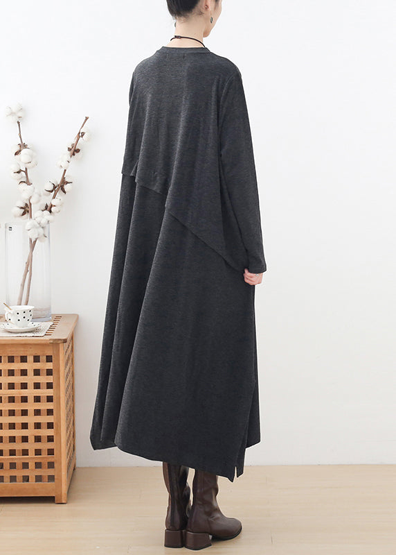 Handmade Grey O-neck Pockets Patchwork Side Open Cotton Dress Long Sleeve