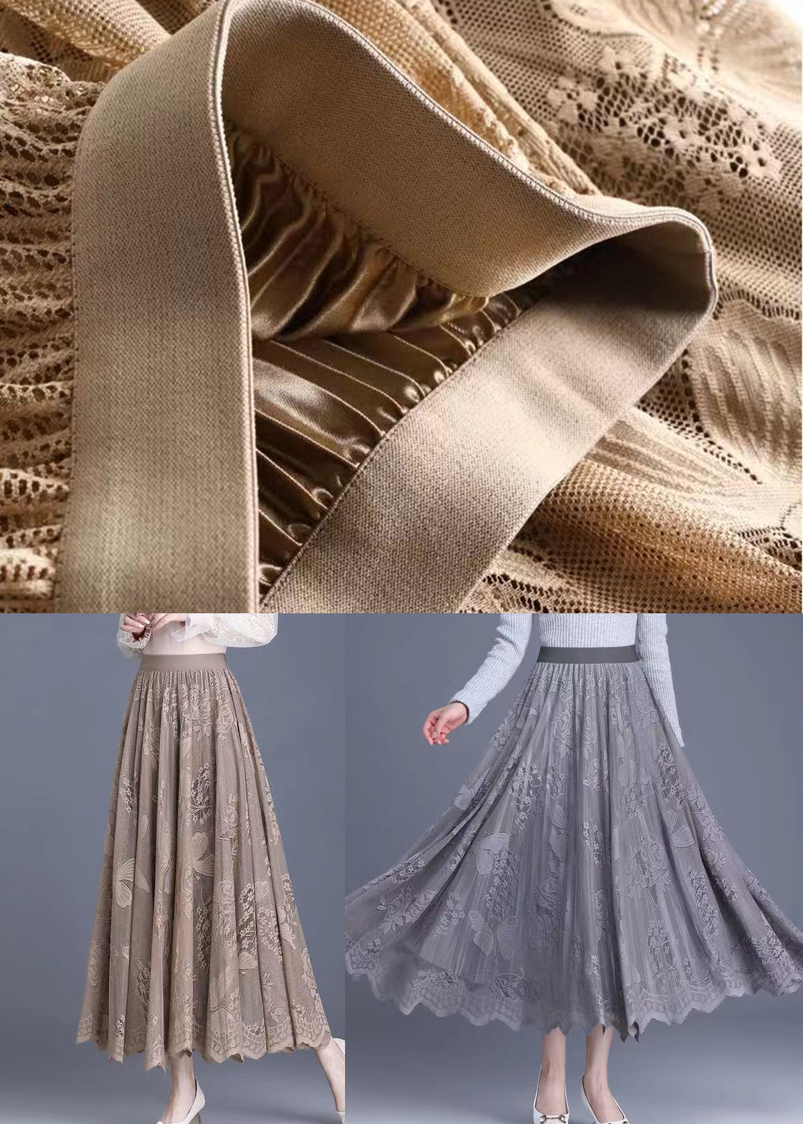 Handmade Khaki Wear on Both Sides Lace a Line Skirt Spring