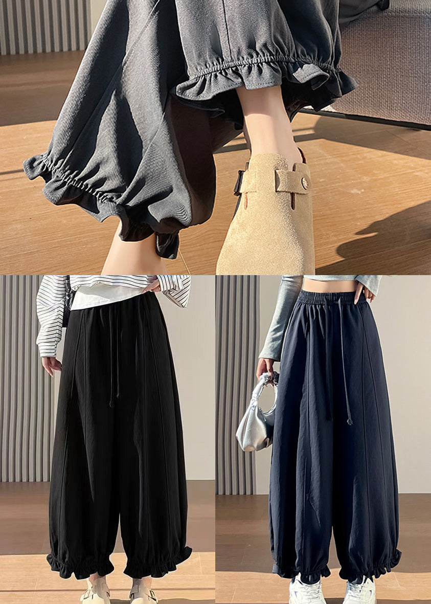 Handmade Navy Ruffled Cotton Crop Pants Spring
