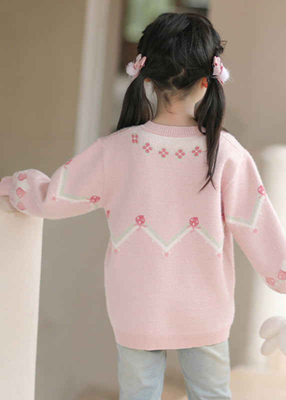 Handmade Pink O-neck Thick Print Cotton Knit Sweaters Spring