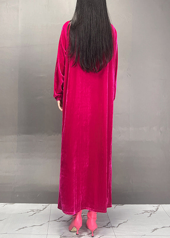 Handmade Rose O-neck Wrinkled Velour Maxi Dresses Spring