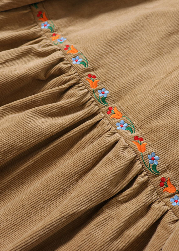 Handmade Yellow Embroideried Drawstring Corduroy Maxi Dress Winter