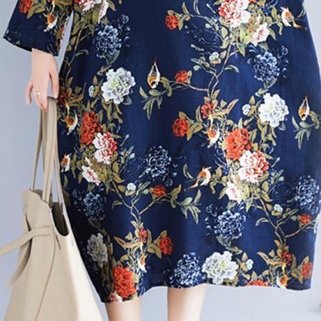 Handmade Blue Print Cotton Linen Long Ideas Pockets Cotton Dress