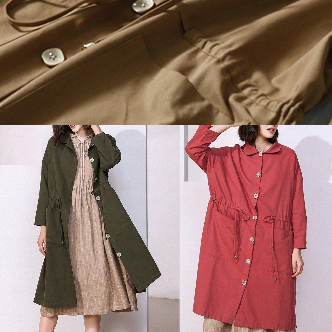 Handmade Drawstring Lapel Collar Tunic Coat Red Oversized Outwear