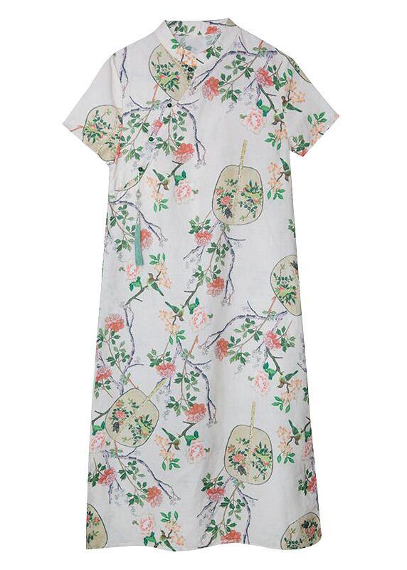Handmade Linen Long Shirts Stand Collar Button Down Midi Dresses