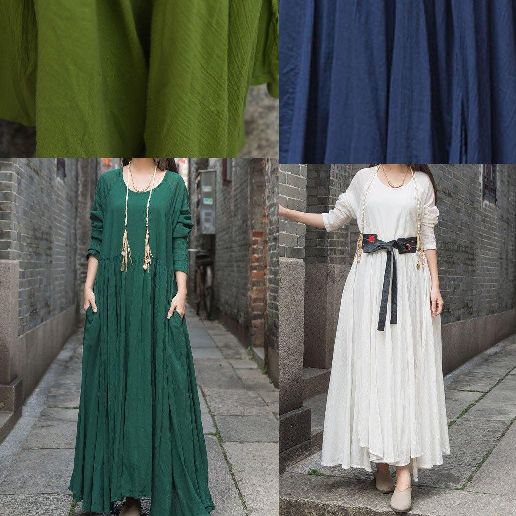 Handmade Green Cotton Dresses Long Sleeve Maxi Summer Dresses