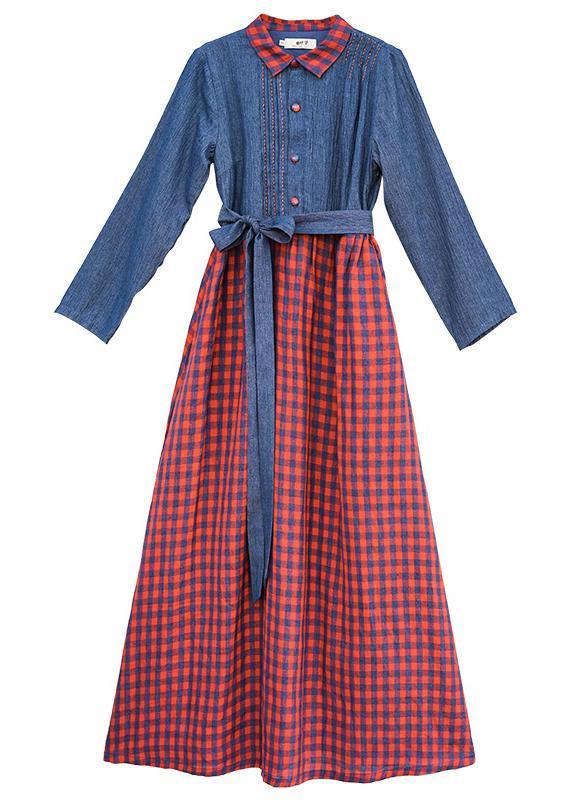 Handmade Lapel Spring Clothes Neckline Blue Patchwork Plaid Dresses
