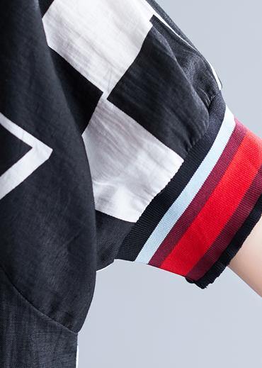 Handmade O Neck Cotton Clothes for Work Black Print Dresses