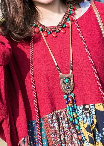 Handmade O Neck Patchwork Cotton Linen Clothes Neckline Red Dresses Spring