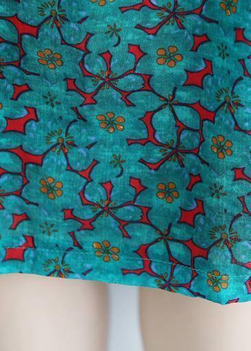 Handmade O Neck Pockets Cotton Linen Outfit Green Print Dresses Summer