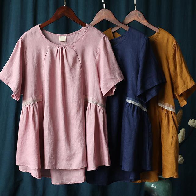 Handmade O Neck Cinched Shirts Yellow Blouse