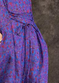 Handmade Purple Print Linen Clothes for V Neck Tie Waist Maxi Summer Dresses