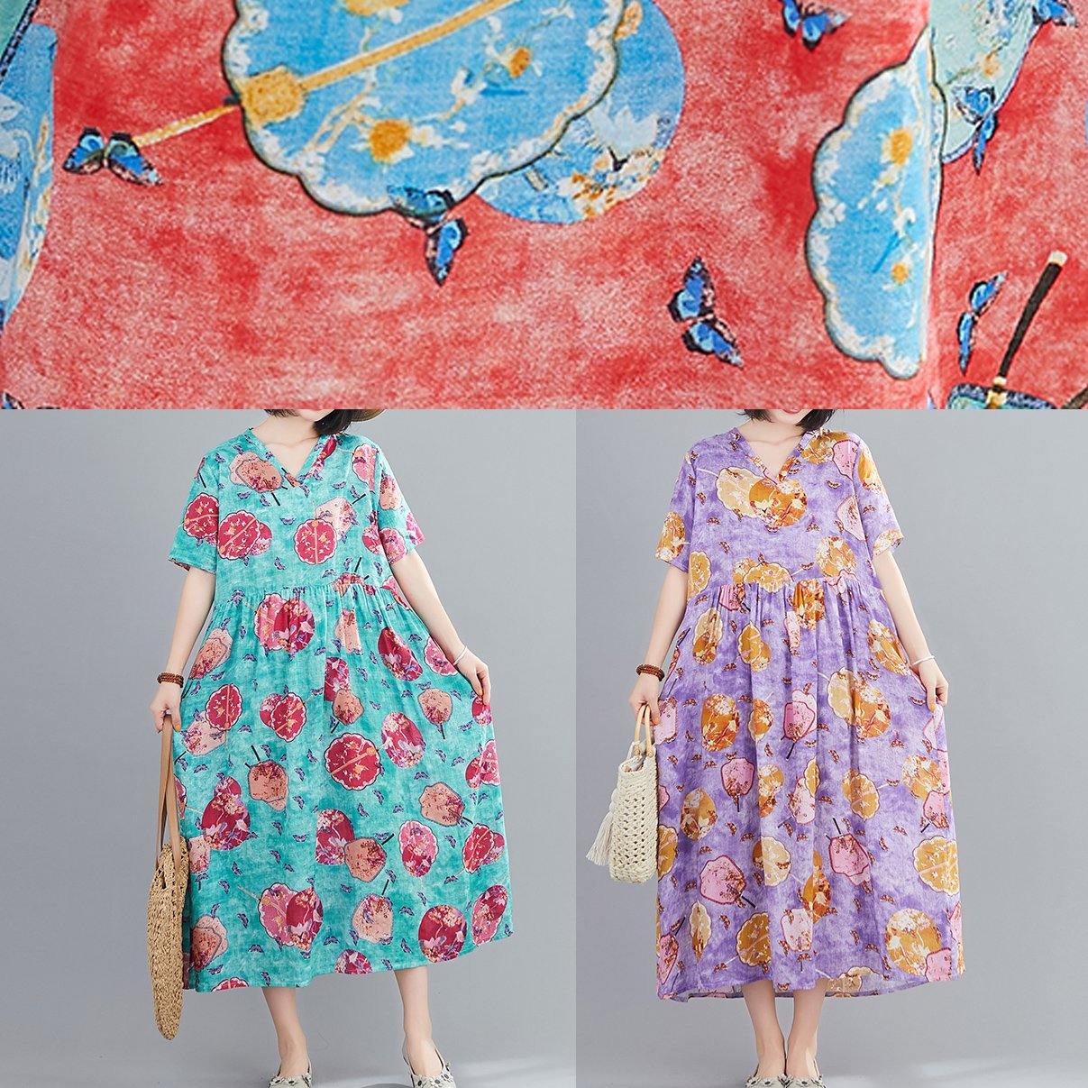 Handmade Red Print Tunics V Neck Cinched Robe Summer Dresses