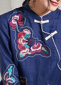 Handmade Stand Collar Embroideried Fabric Linen Summer Dresses Blue Dresses