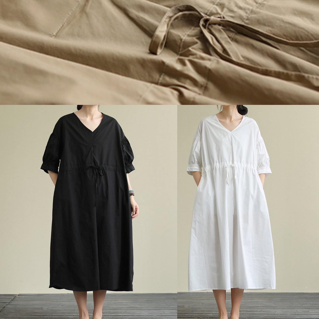 Handmade V Neck Drawstring Cotton Tunic Dress Work Black Traveling Dress