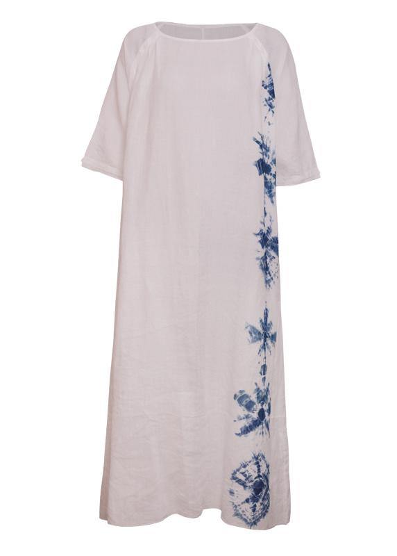 Handmade White Print Linen Clothes for O Neck Half Sleeve a Line Summer Dresses