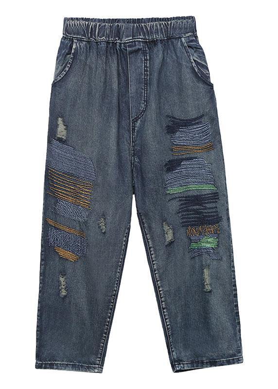High Waist Summer Nine Points Embroidery Broken Hole Carrot Pants