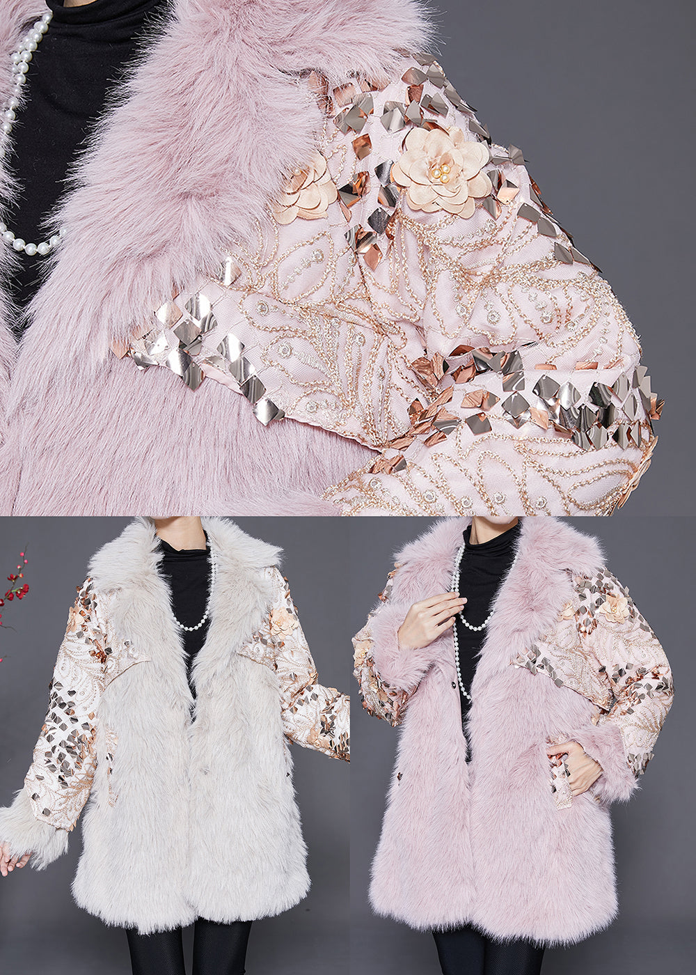 Italian Beige Patchwork Faux Fur Coat Winter