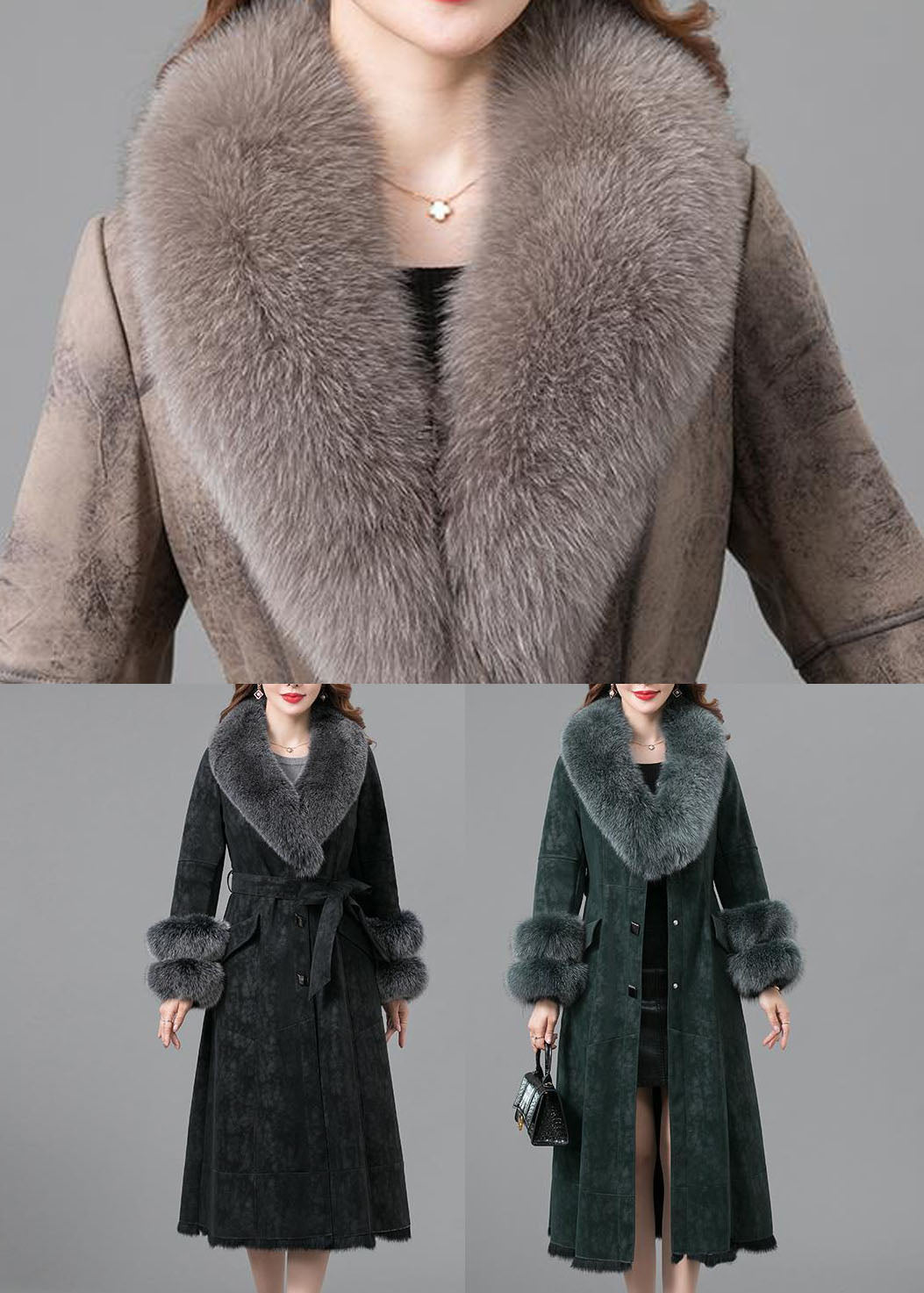 Italian Black Fox Collar Sashes Pockets Leather and Fur Parka Winter