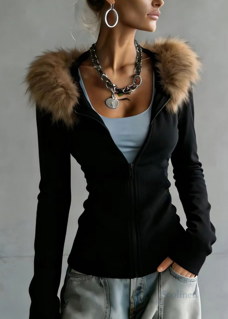 Italian Black Fur Collar Patchwork Cotton Hooded Coats Spring