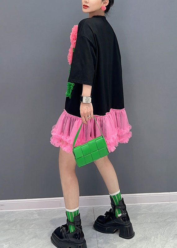 Italian Black O-neck Tulle Patchwork Mid T Shirts Dress Long Sleeve