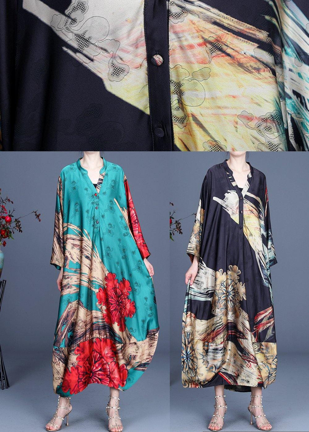 Italian Black Print Button Summer Spring Chiffon Dress