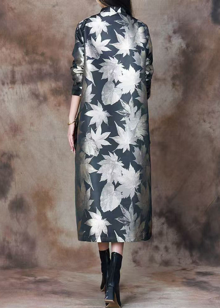Italian Black Print Pockets Patchwork Silk Cotton Long Coats Spring