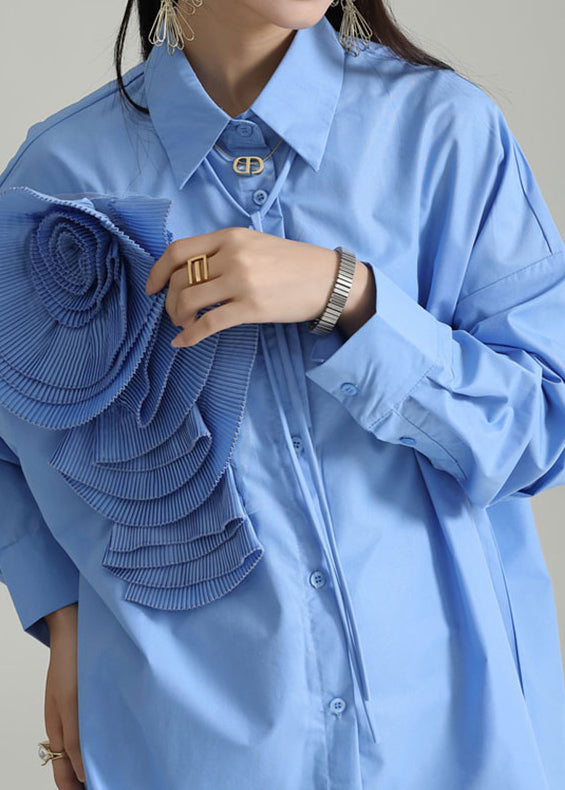 Italian Blue Peter Pan Collar Patchwork Cotton Shirt Dress Fall