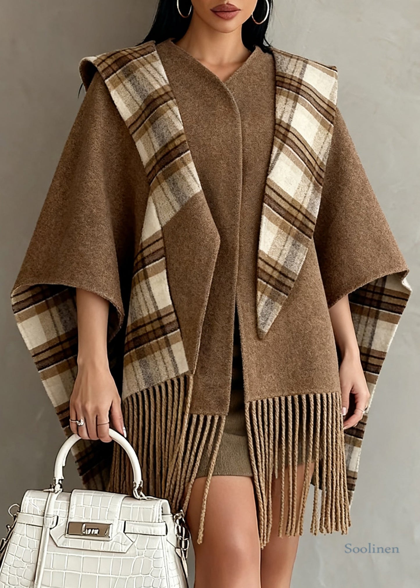 Italian Brown Tasseled Plaid Wear on Both Sides Woolen Cape Coats Spring