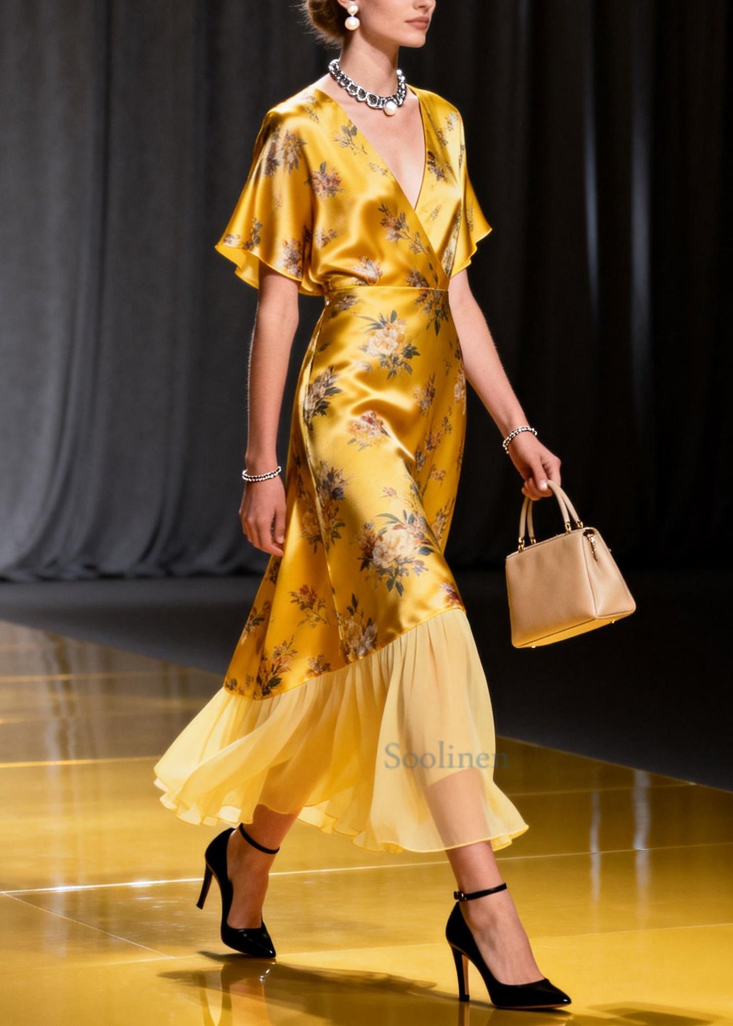 Italian Golden Print Patchwork Tulle Silk Robe Dress Summer