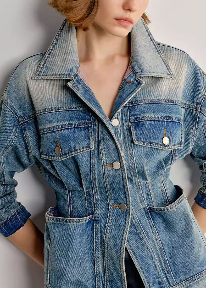 Italian Gradient Color Peter Pan Collar With Pockets Denim Coats Spring