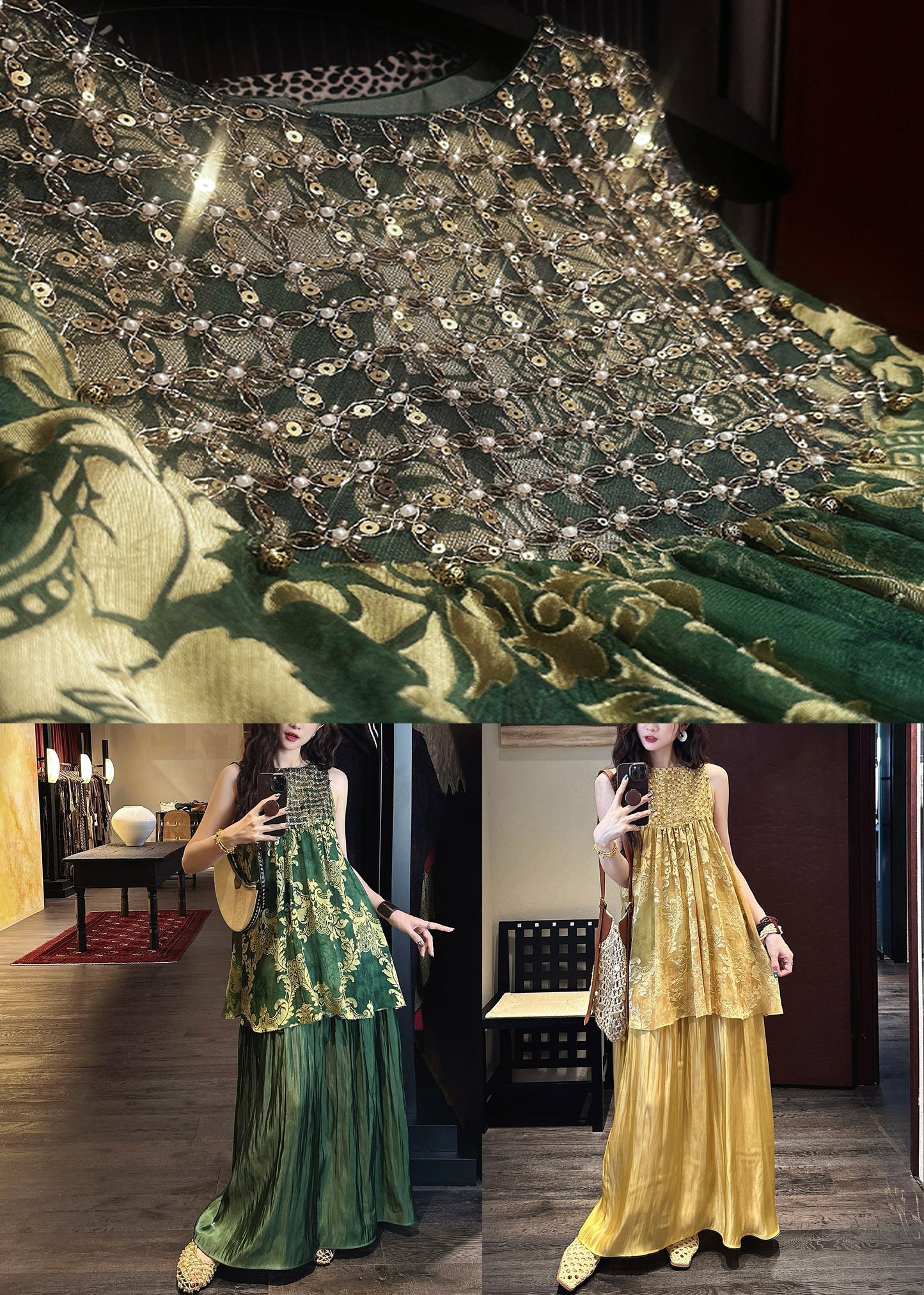 Italian Green O Neck Sequins Tulle Patchwork Silk Dresses Sleeveless