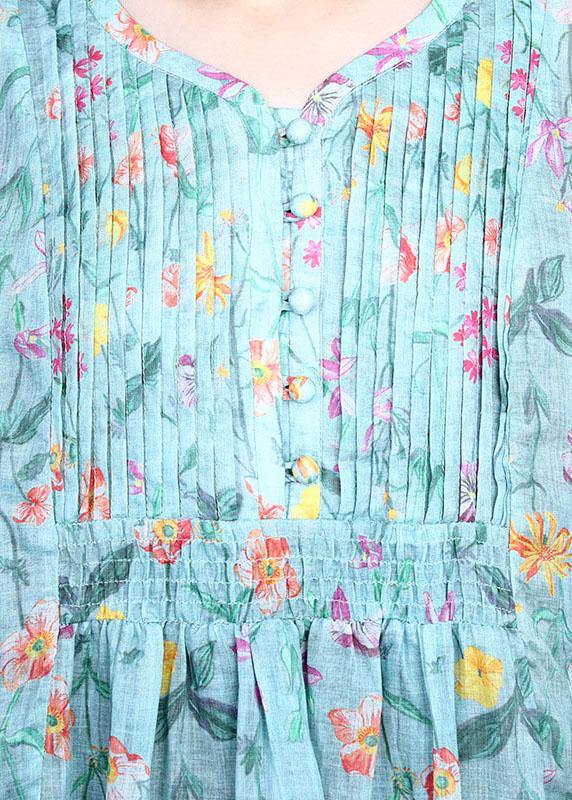 Italian Green Print Cinched Summer Ramie Summer Dresses