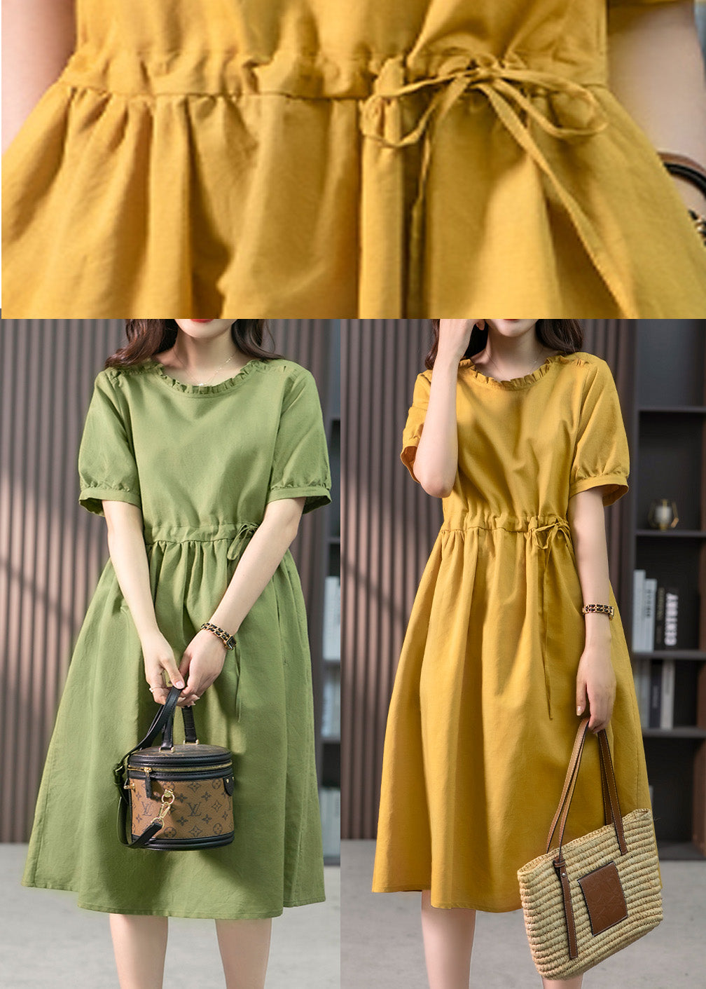 Italian Green Ruffled Linen Long Dresses Summer