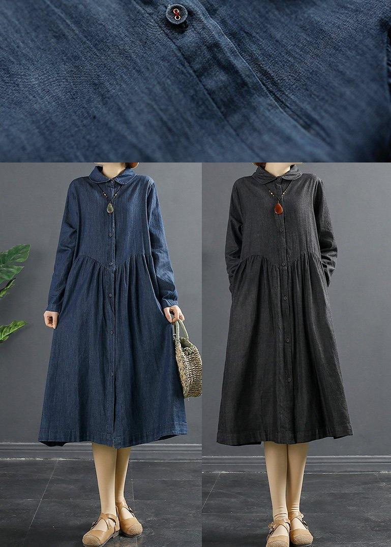 Italian Lapel Patchwork Quilting Clothes Shape Blue Kaftan Dress