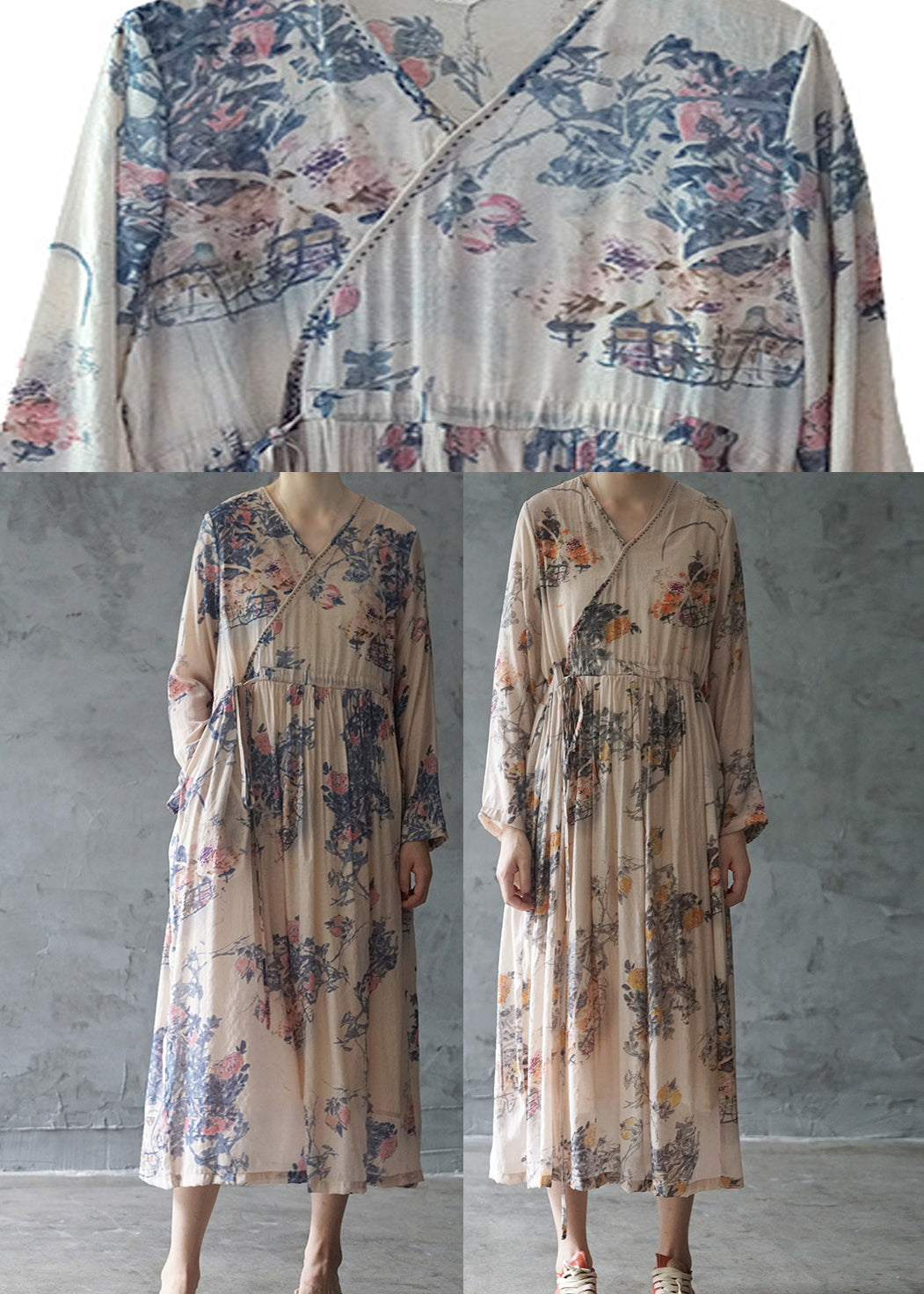 Italian Orange Tie Waist V Neck Print Party Dress Long Sleeve