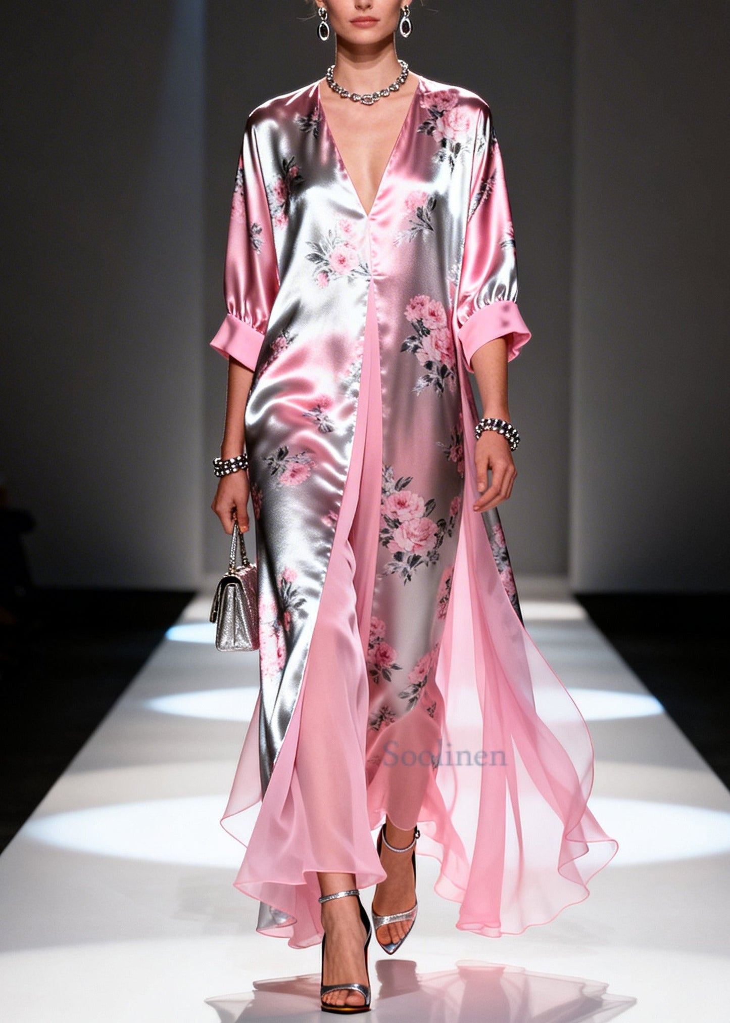Italian Pink Print Patchwork Silk Fake Two Piece Dress Summer