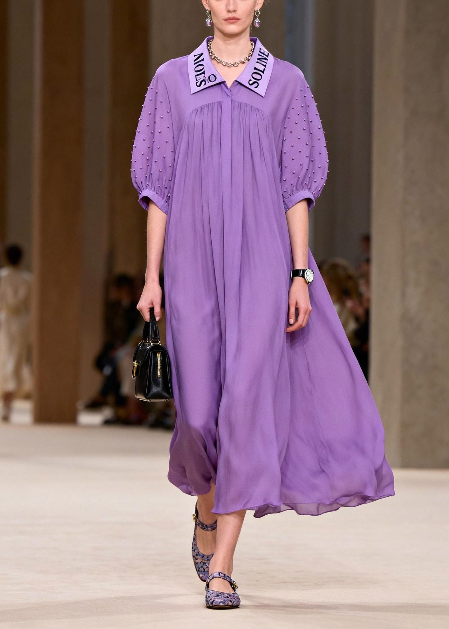 Italian Purple Peter Pan Collar Wrinkled Chiffon Maxi Dress Half Sleeve