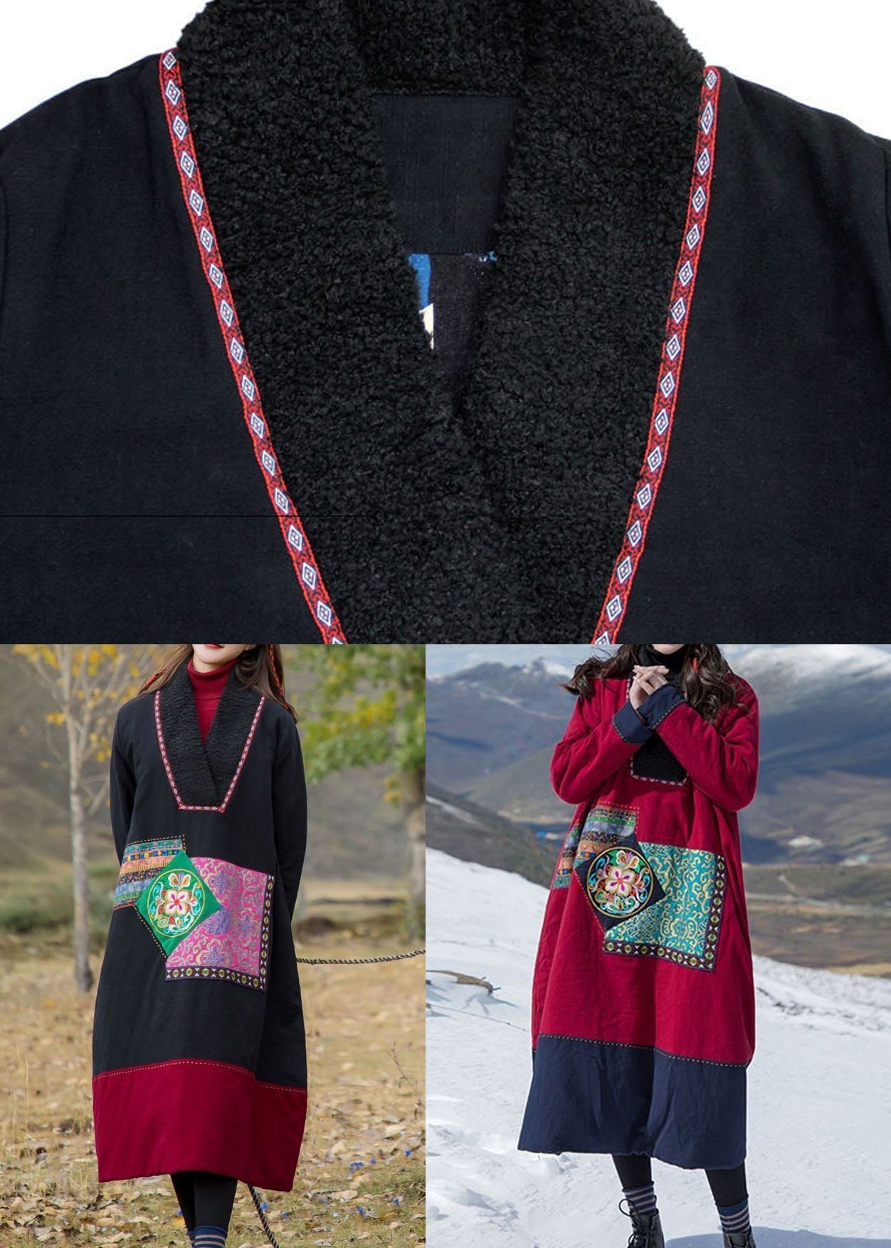 Italian Red Print Patchwork Teddy Faux Fur Fine Cotton Filled Gown Winter