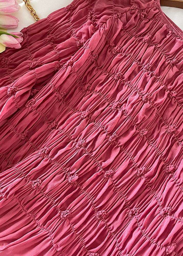 Italian Rose O-neck Wrinkled Silk Long Dresspuff Sleeve