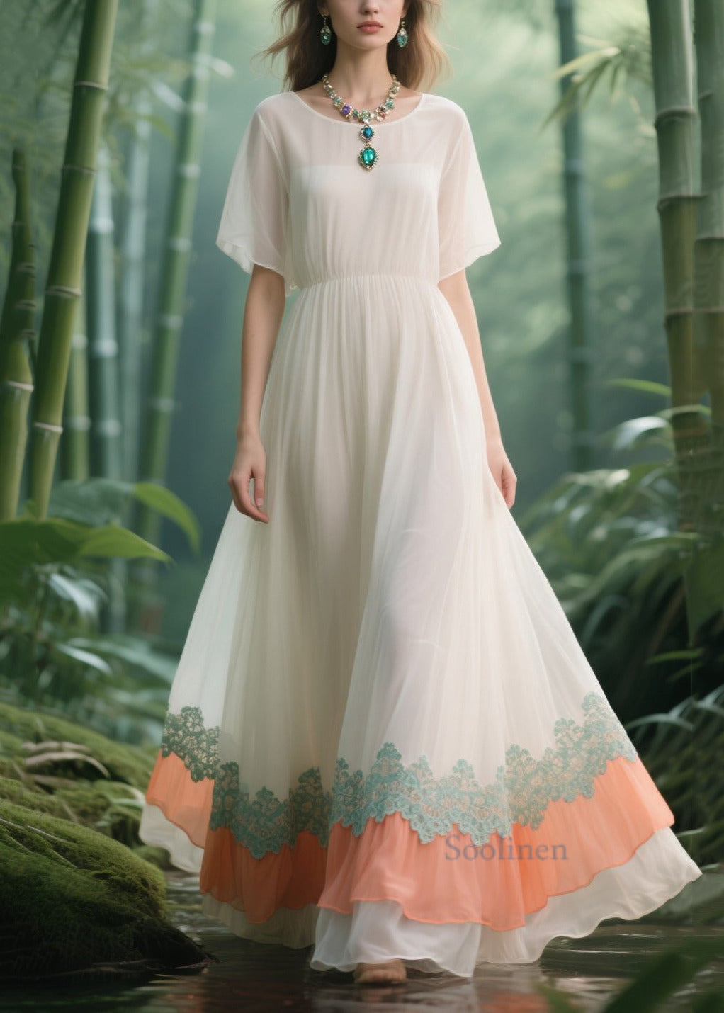 Italian White Lace Patchwork Draping Chiffon Vacation Dresses Summer