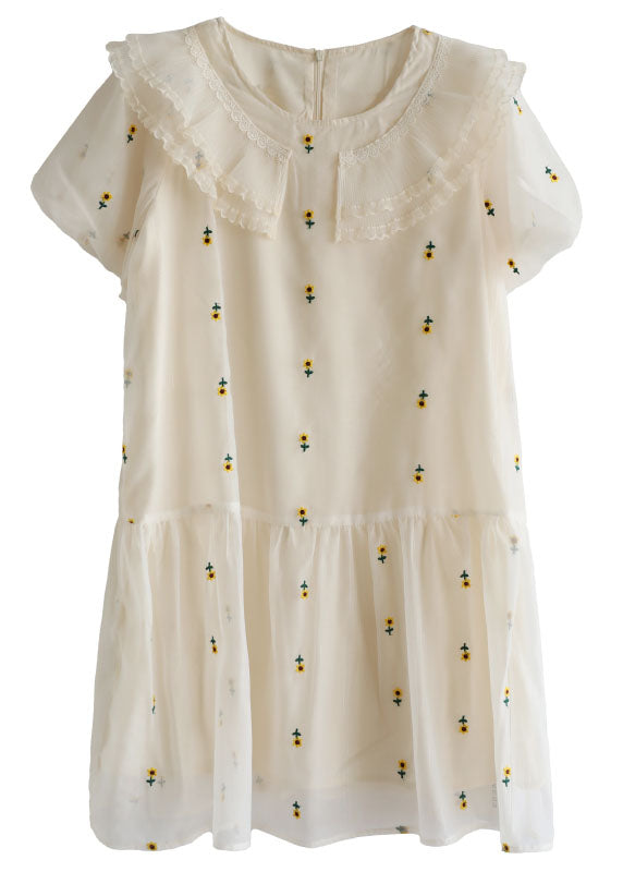 Italian White O-neck Embroideried Tulle Vacation Dresses Short Sleeve